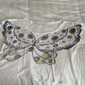 White Butterfly Graphic Crop Top with Pastel Accents